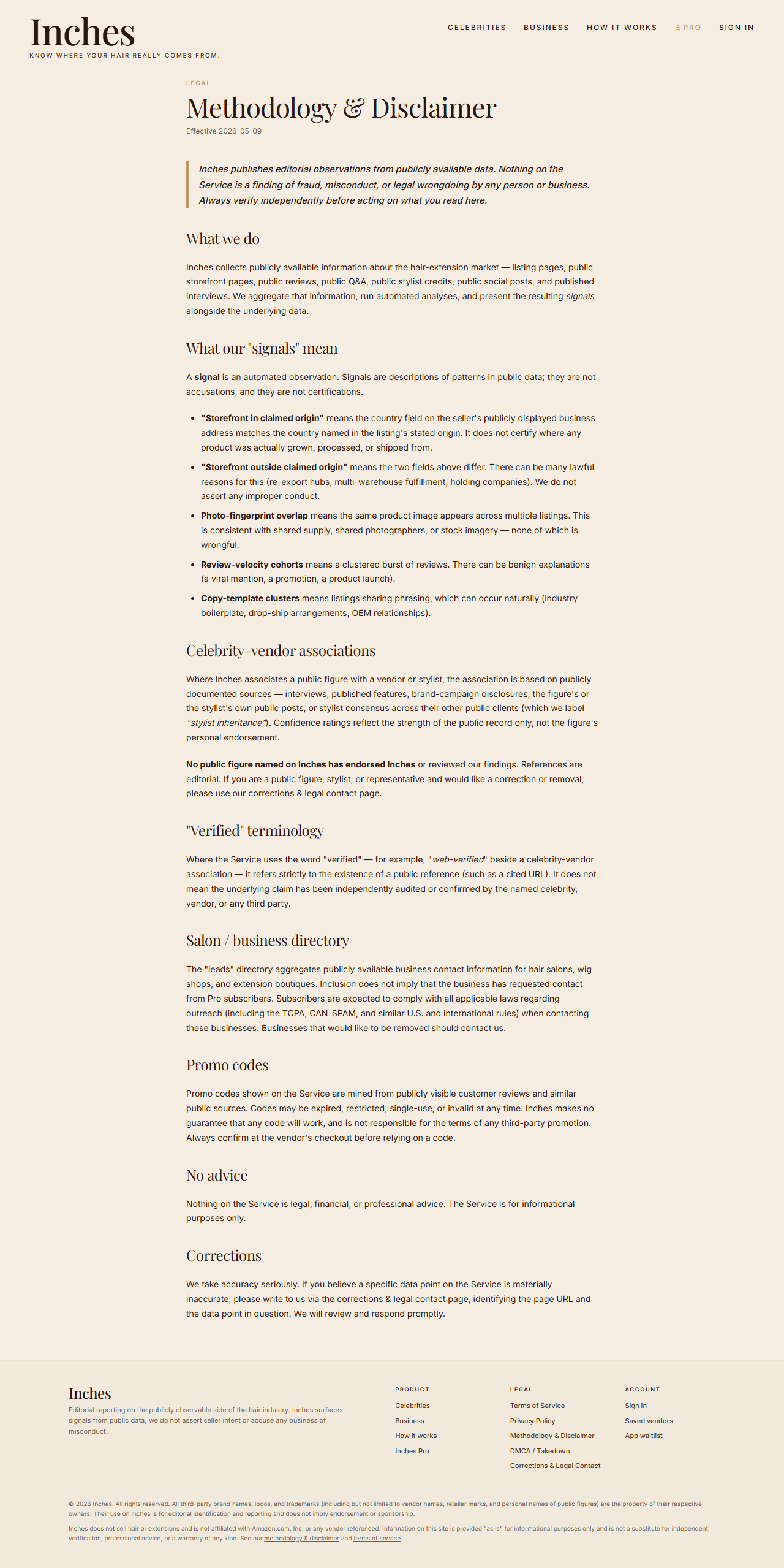 Screenshot of Methodology + disclaimer
