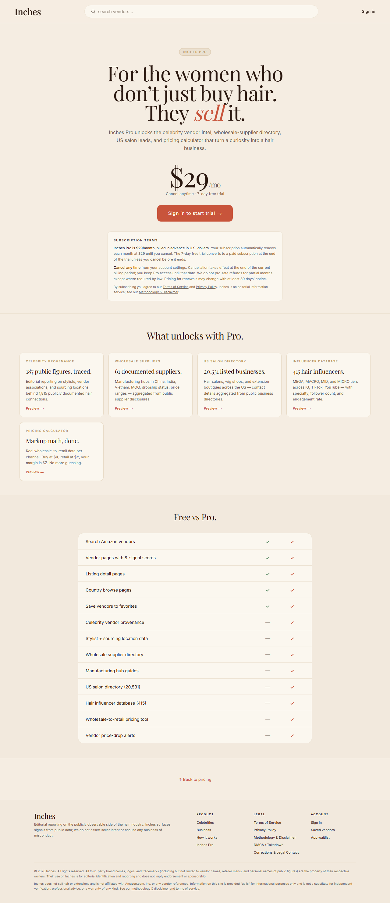 Screenshot of Inches Pro pricing